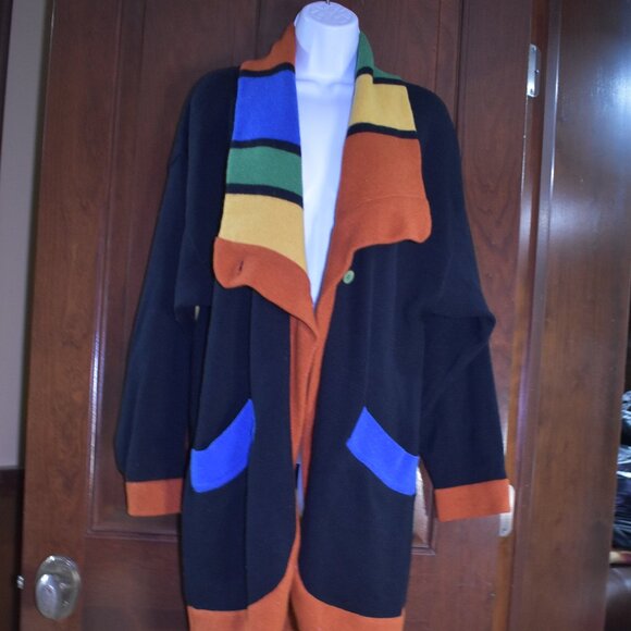 VTG CRISCA by Escada Fish Print Color Block Wool Cardigan Sweater Sz Large Rare - Picture 3 of 16